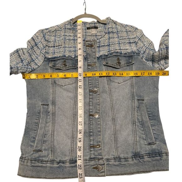 Venus Women's Frayed Button Front Mixed Media Tweed Denim Jacket Blue Size 6 - Picture 5 of 7